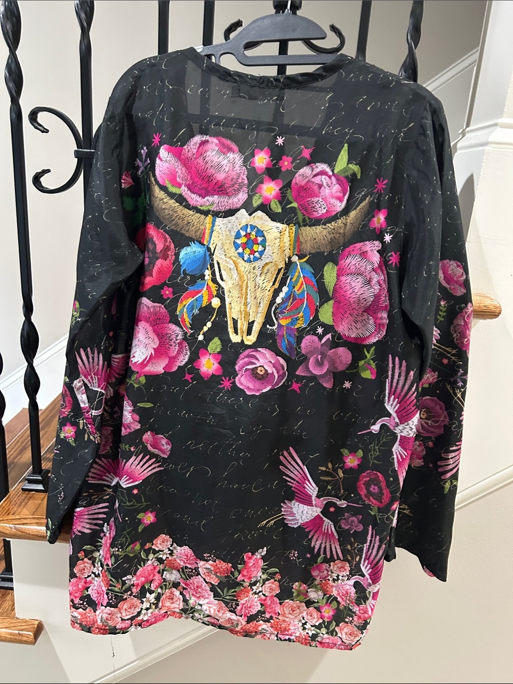 Johnny Was Black Western Tunic with Pink Floral & Crane Motif - Picture 2 of 3